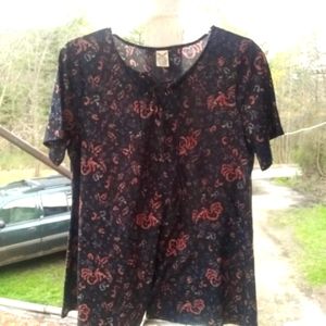 **Black Tunic Top w/Orange & Blue Swirl Detail